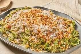 Roasted Shredded Brussels Sprouts Caesar with Crispy Garlic Breadcrumbs