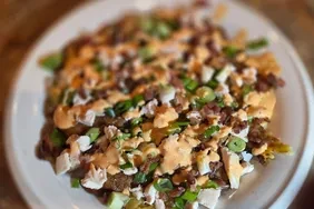Crispy Smashed Potato Salad with Spicy Gochujang Sour Cream Dressing