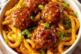 Sticky Honey Hoisin Meatballs with Garlic Chili Udon