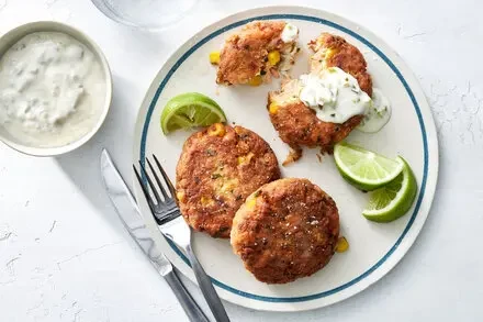 Crispy Salmon and Corn Cakes with Spicy Jalapeño Mayonnaise